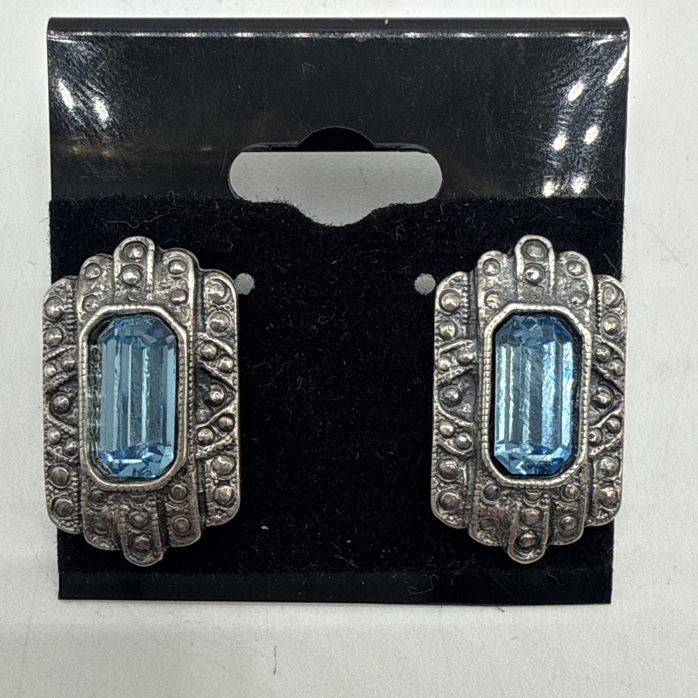 Vtg Sterling Silver Art Deco Stud Earrings Blue Topaz Color Glass Retro Gift